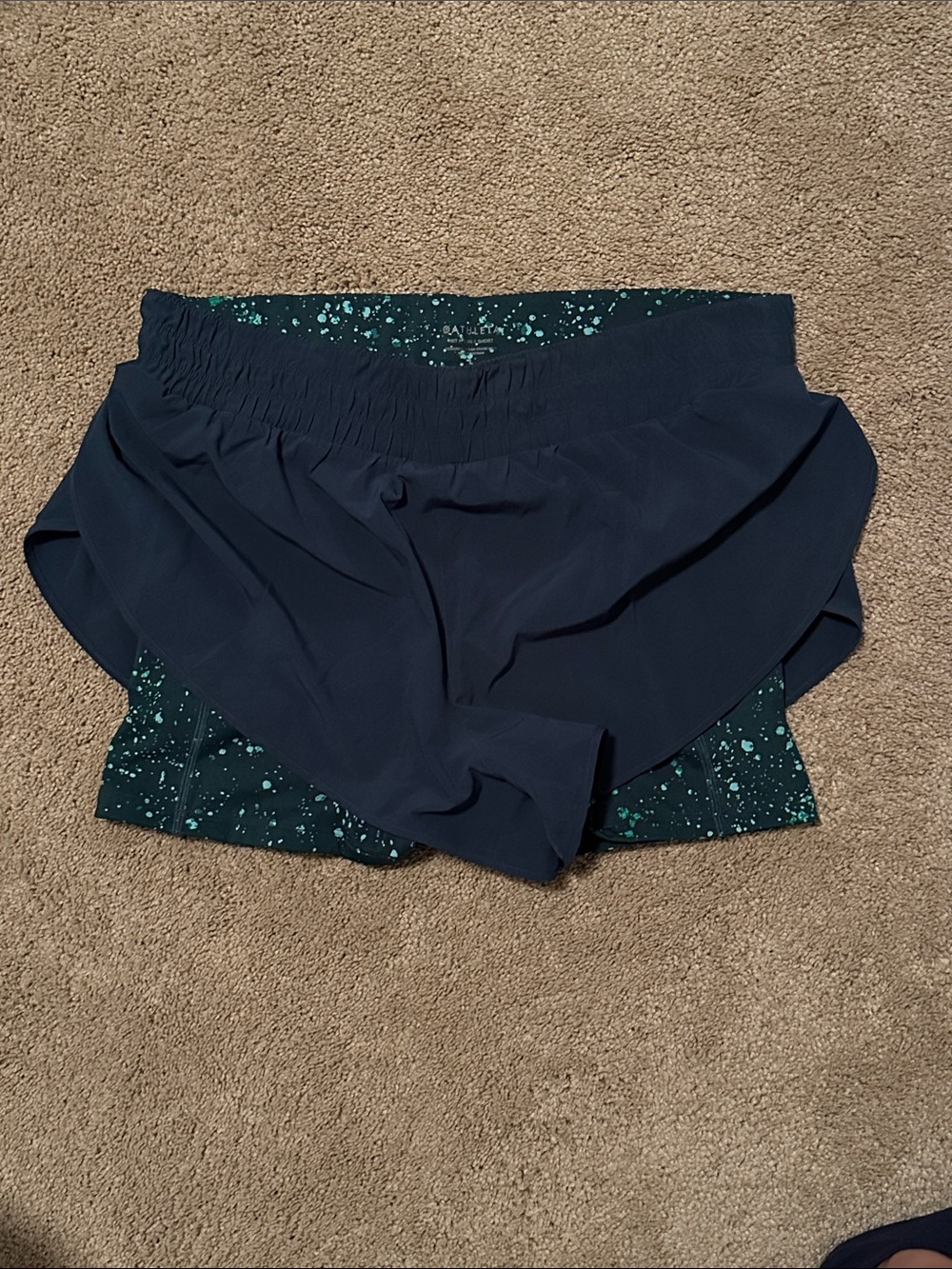 Athleta Navy Overlay Athletic Shorts with Teal Speckle Liner